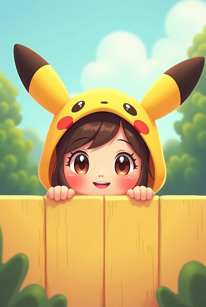 Baby cute cartoon girl Pikachu costume peeking slightly over a wall