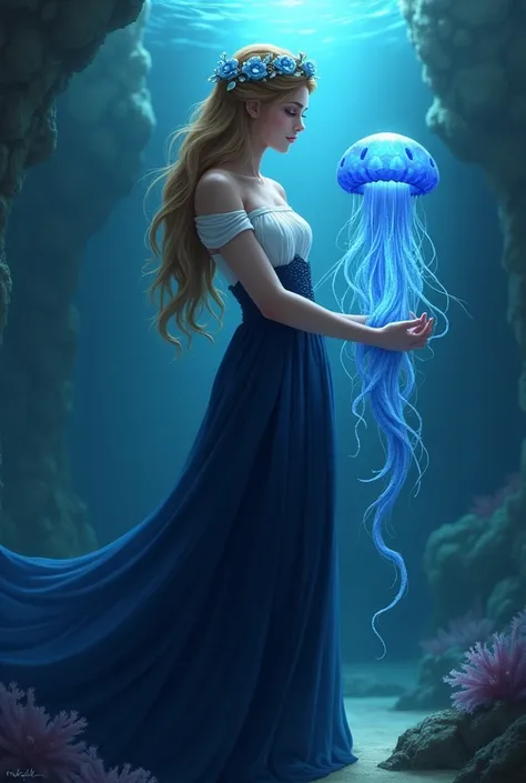 Amphitrite Wearing navy blue long dress with white top holding a blue jellyfish  wearing flower shells crown