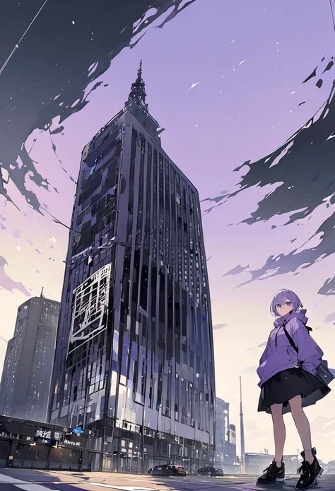 Kate。 purple eyes。 light purple hair。purple hoodie with white polka dots。Black short skirt。Black shoes下。Black shoes。 black ribbon。 shorthair。Kobe Port Tower 
