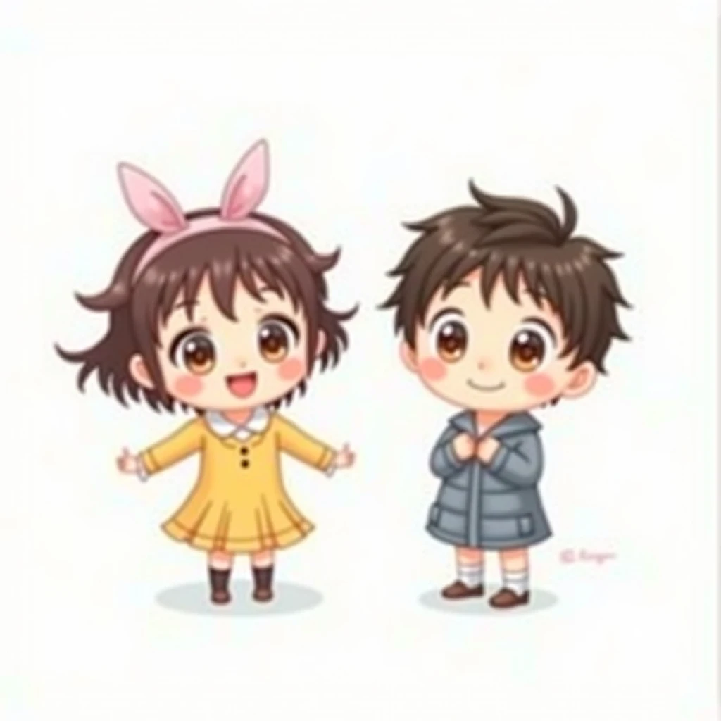 Couple Cartoon, Boy and Girl, Facing the Camera, Anime, Cartoon, White Background, Cute Characters, Flat Anime Style, Cute Kawaii, Cute Art Style, Anime Chibi, Cute Digital Art, Cute Anime, Cute Cartoon Characters