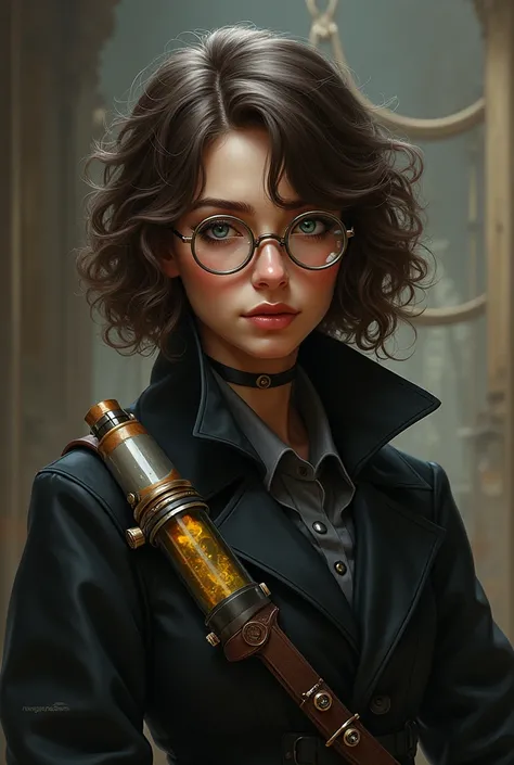  Create a character portrait using the following description :

 - woman
- 30 year old
- brown curly hair  (shoulder length)
 - Steam Punk
- Scientist  (Virology )
 - belt with vials full of glowing liquids
- cylinder
- glasses with magnifying lenses
- bla...