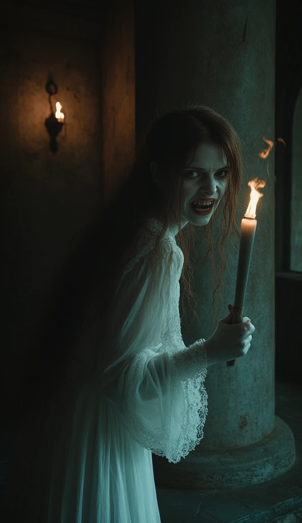 A cinematic horror-fantasy scene inspired by Count Dracula. A shy and timid gothic young woman who is Countess Dracular with long, wavy reddish-brown hair and pale, vampiric skin is peeking out nervously from behind a column in a dark and eerie medieval ma...