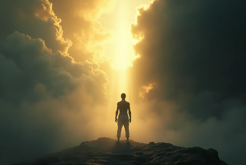 " A human figure with a back ,  positioned at the center of a supernatural landscape . The scene is divided in half: Left,  a brilliant sky with golden clouds and rays of light descending gently;  Right ,  a dark abyss shrouded in shadows and fog .  The fi...