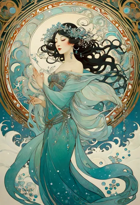 Hallucinatory, Tsuruta Ichiro Style Beauty Painting , Hypnotic Patterns , Abstract, Euphoric,  Fluid Shapes ,  jewelry, crystal,  Snowflakes  , winter,  flat illustration .  negative space in the shape of a dancing womans body. Mucha the style of the celes...