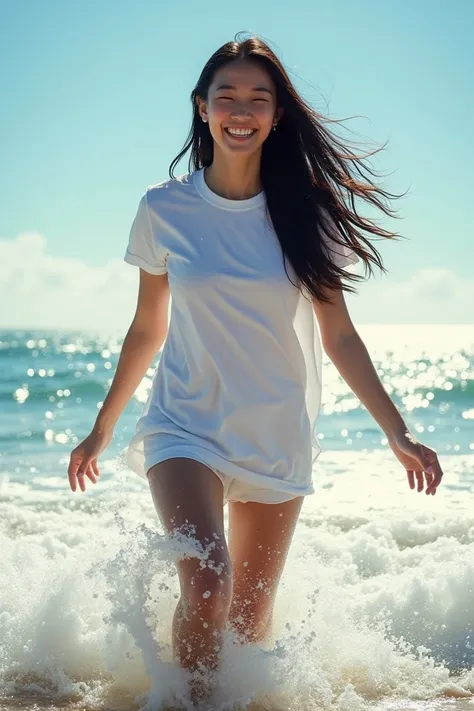 
Photo of Asian woman walking in waves on the beach, long black hair blowing in the wind, laughing at viewer, water splashing, bright sunlight, wearing a white t-shirt, white shorts. High dynamic range, bright and rich details, clear shadows and highlights...