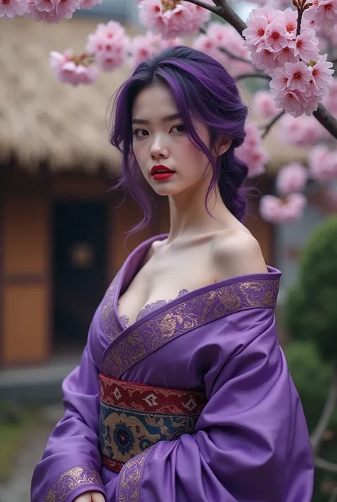 Cinematic wallpaper high precision high definition high detail high wallpaper woman with purple hair with lipstick behind big lush breasts purple haori kimono sakura in straw house  