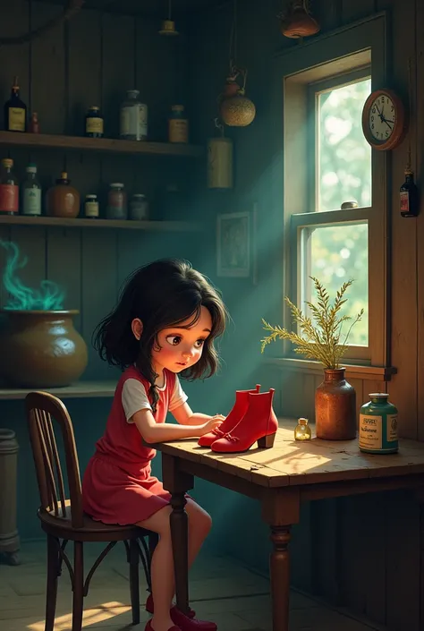 Inside a dim, eerie wooden cottage. The room is cluttered with strange objects like potion bottles, dried herbs, and an old cauldron bubbling in the corner. Maria, 8years old, sits at a small table, staring at the magical red shoes, with a mix of curiosity...