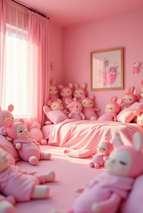 Create an image of a pink room of  ,  filled with cute dolls of the same size,  but the room is lined with dolls everywhere,  including on the floor and on the s bed  
