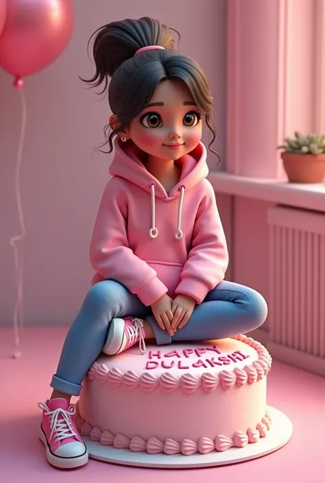 3D illustration of a Girl
sitting casually on front of a cake. The character must wear casual pink hoodie clothing such as jeans jackets and sneakers shoes. The background of the image is a party theme. Write DULAKSHI on the birthday cake. Make sure the te...