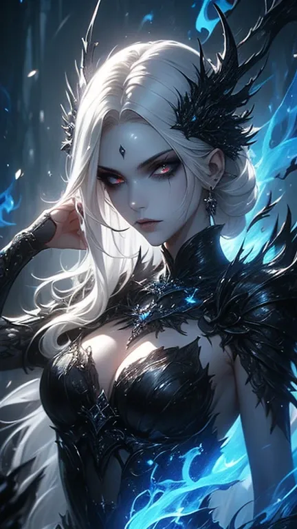 A mysterious and ethereal woman with strikingly blue glowing eyes, framed by intricate black cracks that branch across her pale, porcelain-like skin. Her hair is silvery white, styled in soft waves, contrasting the dark, sinister elements of her appearance...