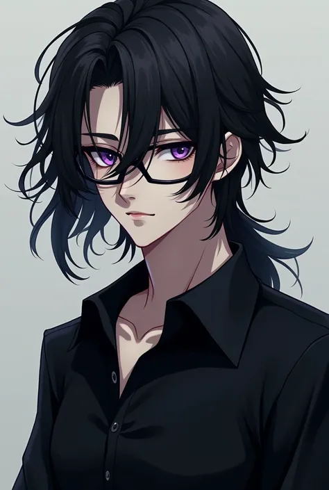   with long black hair with bangs , with black glasses , in black golf with a collar and purple eyes but this is a guy