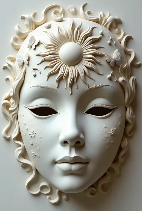 Create a plaster mask that has a sun on the forehead that protrudes from the mask that has notes of music and butterflies