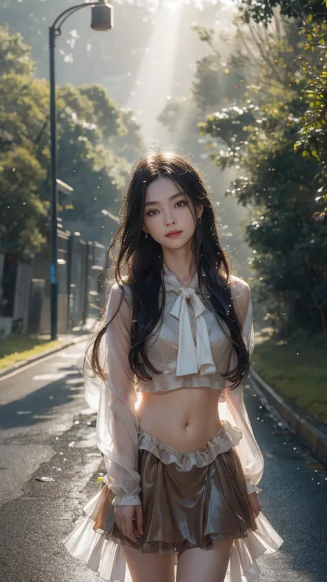 8k, masterpiece, 1 girl, beautiful face, very long hair, light makeup, (glossy skin), detailed eyes, detailed lips, small bust, fantasy clothing, blowing wind, ((brown clothing)), ((long petticoat)), ((navel)), light clothing, ((fog)), ((at the road)), ((w...