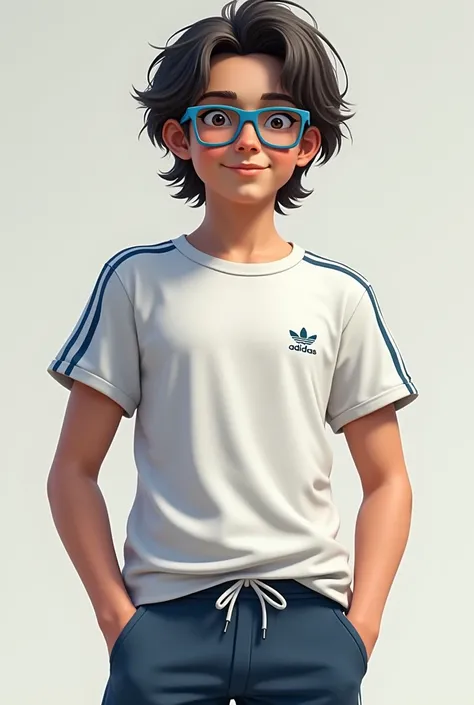 15-year-old teenage boy with medium length hair wavy backwards,  tall stature ,  blue square glasses and Adidas t-shirt and Adidas pants