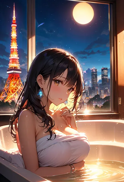 masterpiece,best quality,ultra detailed,high resolution,16k ,  1 girl ,  black long hair by lla, earrings for a woman alone,  bathroom、Skyscrapers in the background、 Tokyo tower 、 night view、bewitching、coquettish、Tempting sensuality,ring、 wet 、( backlit:1....