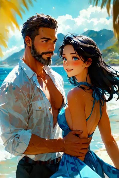 An muscular Caucasian man in his thirties, dressed in beach wear is talking a walk with his beautiful Japanese girlfriend wearing a blue high-waist skirt in marine print. He holds her hands, while she looks up at him with a gentle grin when her silky black...