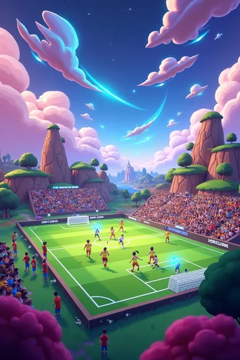 Fais moi un terrain de football dans l’atmosphère de FORTNITE avec les graphismes du jeu FORTNITE 