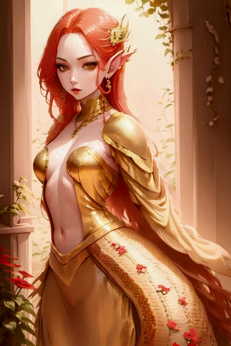 red-haired lamia girl (small breasts) in a field of flowers (long hair below the shoulders) flowers in her hair, gold jewelry on her hands ((monster girl))