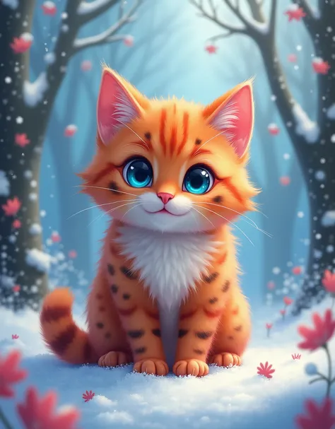 A cute, colorful cat in the snow. Realistic photography with natural lighting, featuring orange and pink tones, fluffy fur, and black spots on the face. The cat is sitting in a winter forest background, with bright blue eyes. Painted in a fantasy style wit...