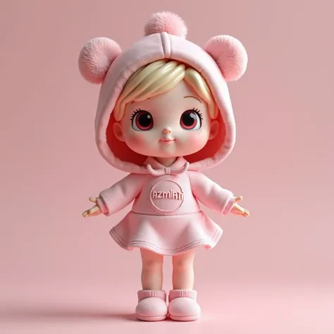 displaying an adorable cute cute doll in pink white with name embroidery"AZMIATI",  capital letter embossed font should be in the hands of a woman with  "AZMIATI",, full 3D rendering photography UHD 3D 