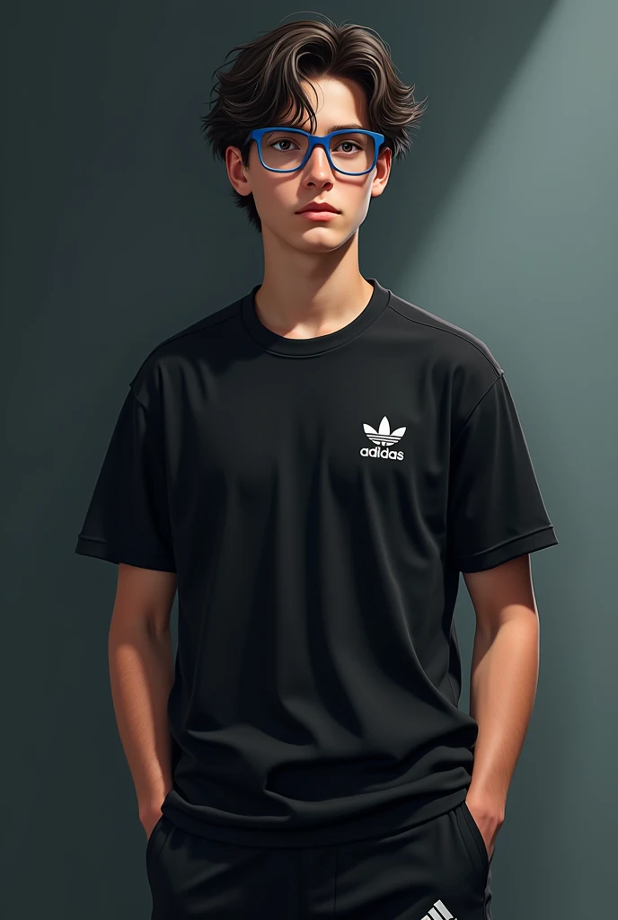 15-year-old teenage boy with slightly long hair wavy backwards ,  tall stature ,  square blue glasses and black Adidas t-shirt and black Adidas pants