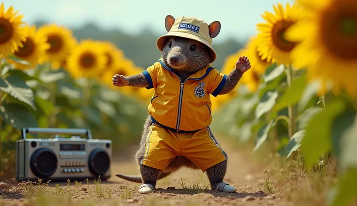 Armadillo wears gear and bucket hat from an unknown sports manufacturer、 s breakdancing in front of them forming a circle 、 Surreal Photos 。Theres a boom box in the corner 。Sunflower field