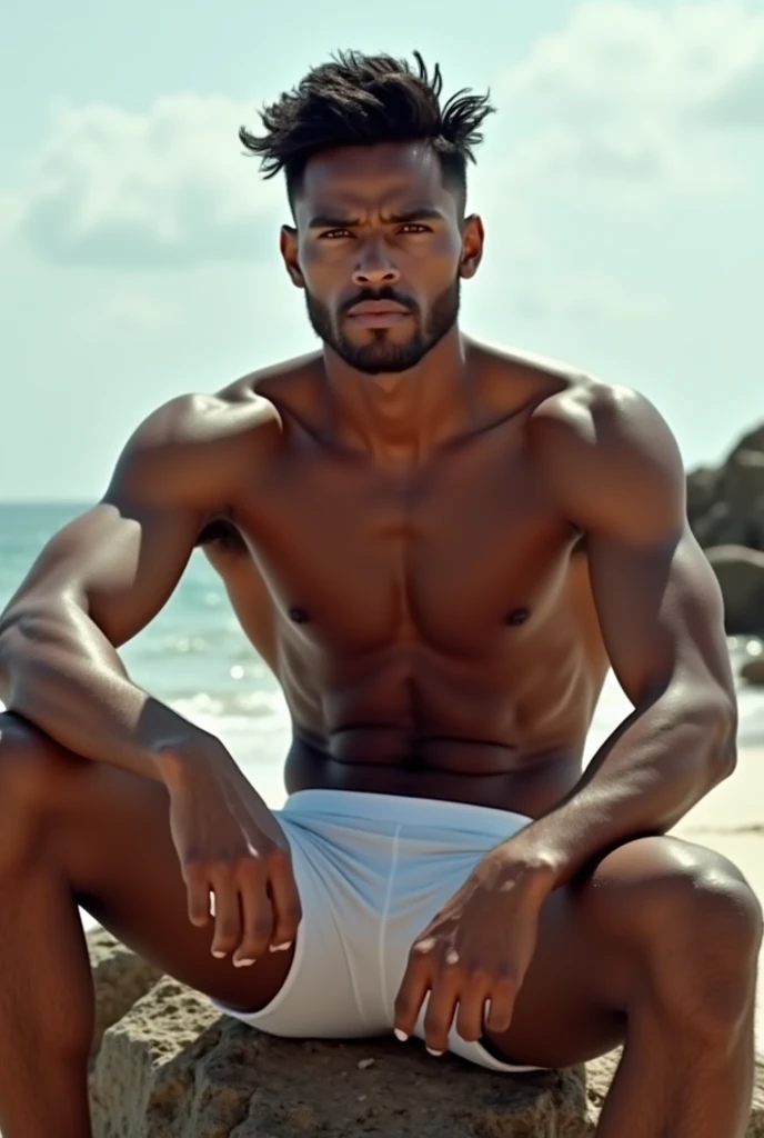 Handsome Angola Guy, Photoshoot, Shirtless, Brightsun, Abs, Wear White Underwear, Detailed Face, Detailed Hair Ultra HD, Young Face, Handsome Face, Young Face, Full Body, Sitting at Rocks at Beach, Posing
