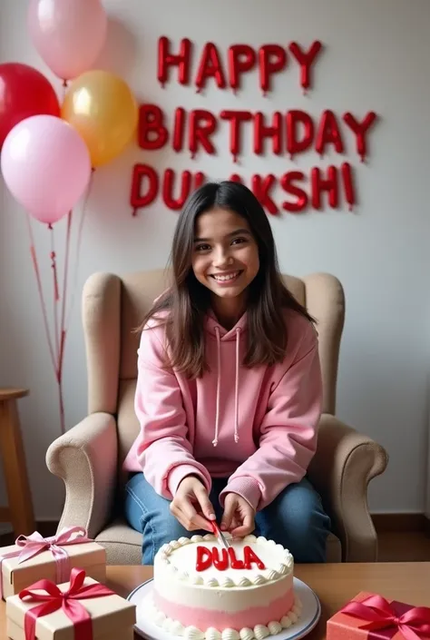 Create a realistic a profile picture where a 25 year old Girl is cutting his birthday cake facing forward in smiling face, Pink hoodie, Sitting casually on a Wingback Chair There are giftsIying on the ground along both sides of the chair. and the cake is l...