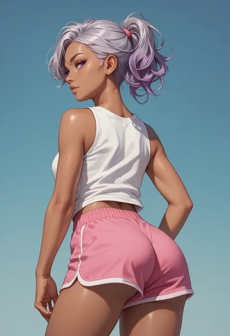 1girl,silver hair,dark skin,purple hair, dolphin shorts, pink shorts, looking back, ass, pantyshot,, masterpiece, best quality, highly detailed