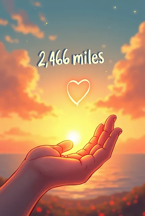 A cute background of a hand love image with sun rising with 2,466miles written visibly 