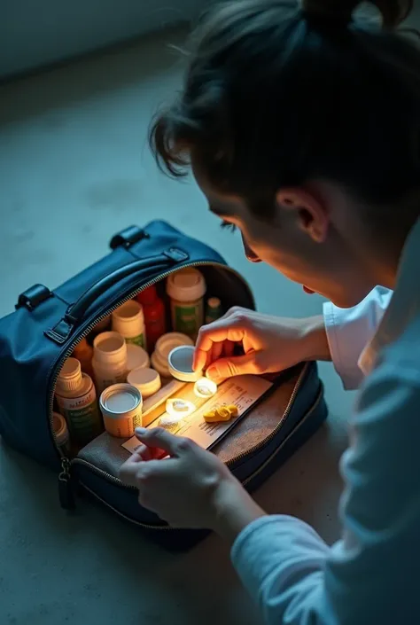 picture of someone having difficulty finding medicine in a medicine bag because it is dark inside the bag