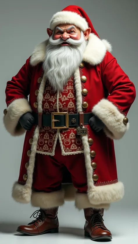 photorealistic full body photo of dwarf,(art by Anna Dittmann:1.2), (intimidating pose:1.5),(hands on hips:1.5),(little smiling:1.2) ,(realistic :1.5),high quality,(detailed equipment),(white beard) ,((intricate detailed Santa Clous clothes)), (highly deta...