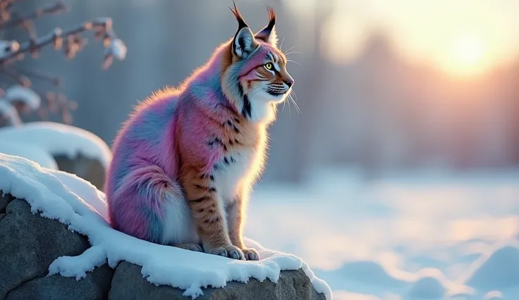 "A hepta-colored lynx sitting on a snowy rock, gazing into the distance. Its fur is a mix of radiant colors, contrasting with the frosty white surroundings and the soft light of the winter sun. Ultra-realistic, cinematic 8k image."

