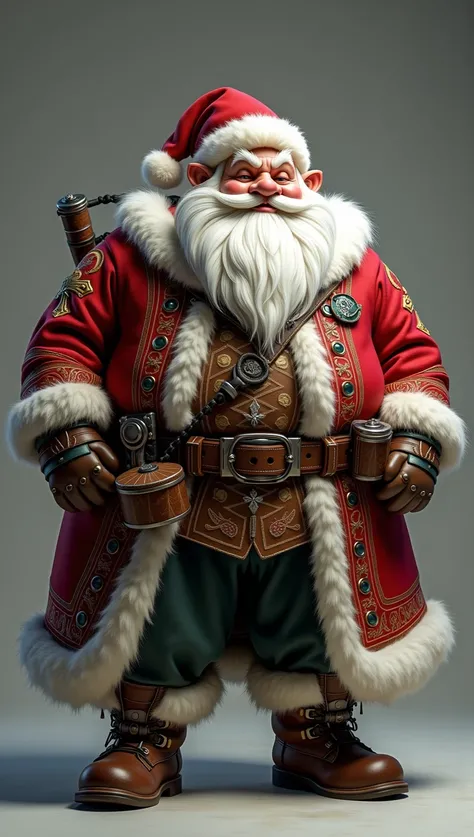 photorealistic full body photo of fat dwarf,(art by Anna Dittmann:1.2), (intimidating pose:1.5),(hands on hips:1.5),(little smiling:1.2) ,(realistic :1.5),high quality,(detailed equipment),(white beard) ,((intricate detailed Santa Clous clothes)), (highly ...