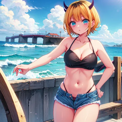   masterpiece on penis , is high definition,8k, one girl, beautiful girl,sunlight, Seaside Town Background ,Short Devils Horns , shorthair,  Black Blonde Hair on Top, Sparkling Light Blue Eyes ,  topless,(((( Wearing a Black Bikini Top )))), cleavage,(((( ...