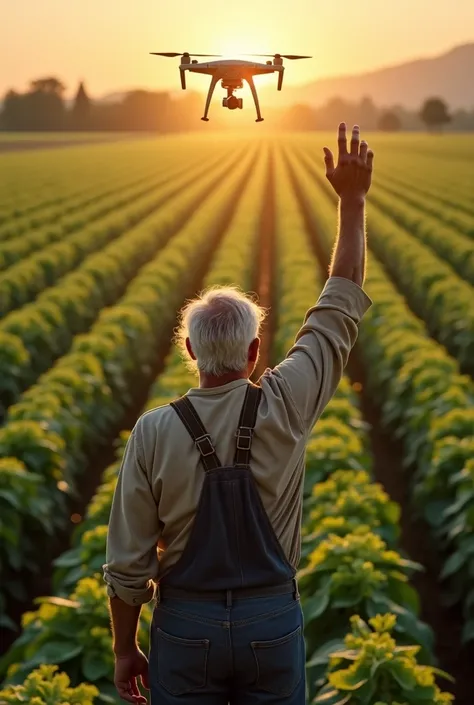  A drone flying over a vast soybean plantation , with perfect lines ,  while in the foreground ,  a farmer raises his hand in a position of command,  with sunbeams symbolizing control and strength 