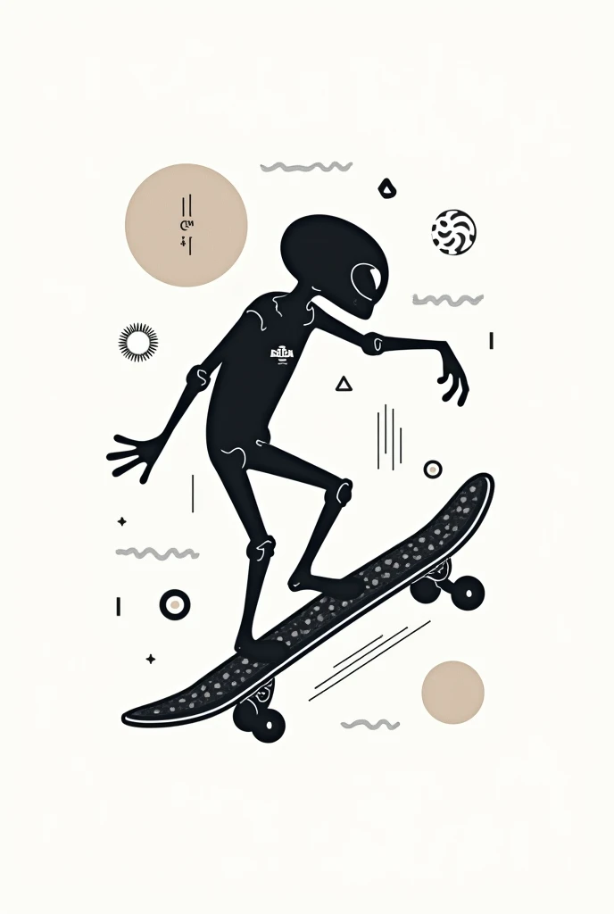  2D t-shirt art description , minimalist style:

 Central character — ET minimalist skateboarder :  The design presents an ET in simple style and with traces , in neutral tones, like black,  WHITE AND GRAY GRADIENTS.  The ET is doing a skateboard maneuver ...