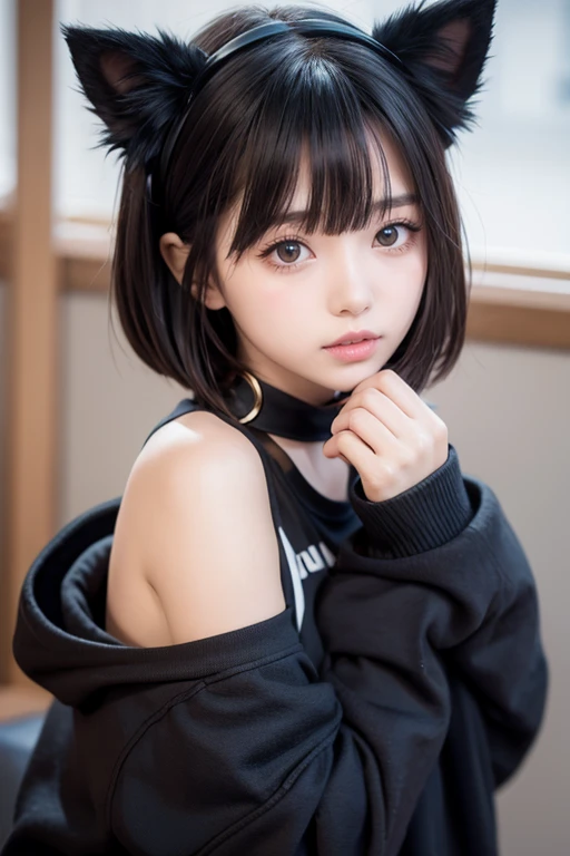 ((Shorthairs all hunted around the neck)),  wearing a black cat hoodie,  very pretty cute cat girl ,  girl with cat ears , anime  girl with cat ears , Attractive cat girl,  cute girl, black hair black cat ears , cat ears on her head, Beautiful young cat-ea...