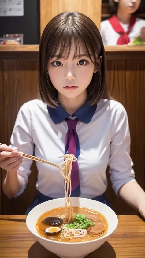 a high school girl with a serious expression leaning over a bowl of ramen in a ramen shop, eating the ramen with chopsticks, perfect detailed face and eyes, beautiful girl with school uniform, slightly angry expression, comical scene, (best quality,4k,8k,h...