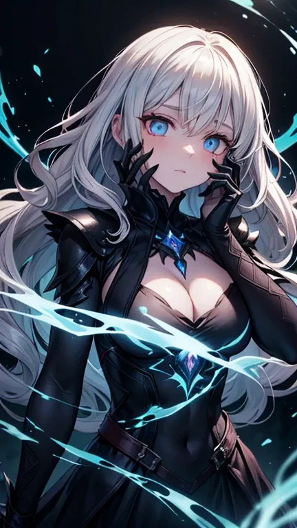 A mysterious and ethereal woman with strikingly blue glowing eyes, framed by intricate black cracks that branch across her pale, porcelain-like skin. Her hair is silvery white, styled in soft waves, contrasting the dark, sinister elements of her appearance...