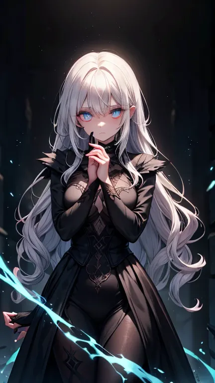 A mysterious and ethereal woman with strikingly blue glowing eyes, framed by intricate black cracks that branch across her pale, porcelain-like skin. Her hair is silvery white, styled in soft waves, contrasting the dark, sinister elements of her appearance...