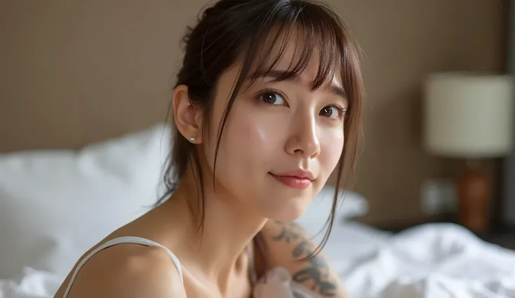 (( High Quality、8k、Master Pee:1.3))、1 Girl、A beautiful woman with slim abs:1.3、( casual hairstyle、Super Boobs:1.4)、underwear:1.2、Super detailed face、Delicate eyes、 double eyelids、Soft Breasts、Smiling expression、Super exposed cleavage、whole body、 bed、 black...