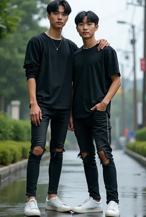 portrait of a young asian man with short bus-cut hair  ,the man is wearing a black shirt .  and long ripped skinny jeans jeans and white shoes ..  the man is posing next to a beautiful korean artist Nacy Momoland.  super high resolution hd 8k flash and ver...