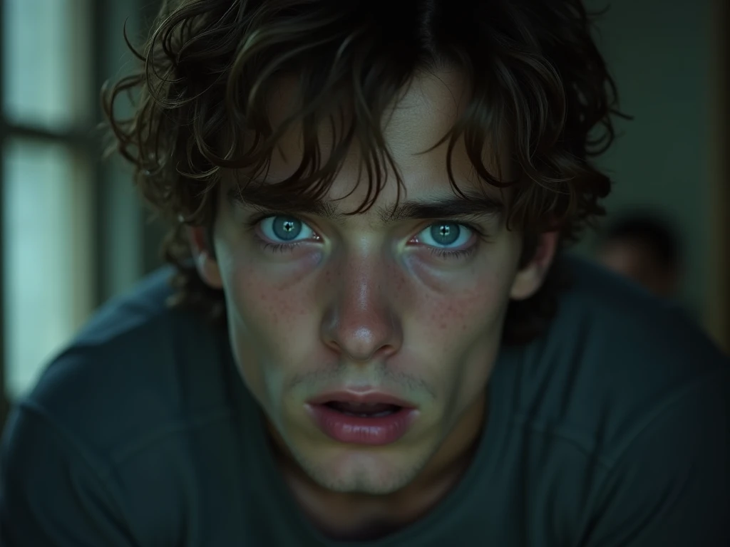 A young man with blue eyes and brown hair who looks scared, half body shot