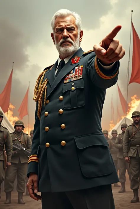 a general with his back pointing with his hand a command order pointing his finger at something 
