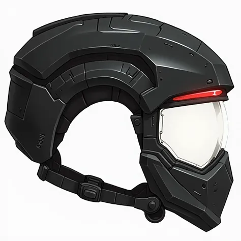 A black military helmet, have a red screen visor can open and close,have a face shield 