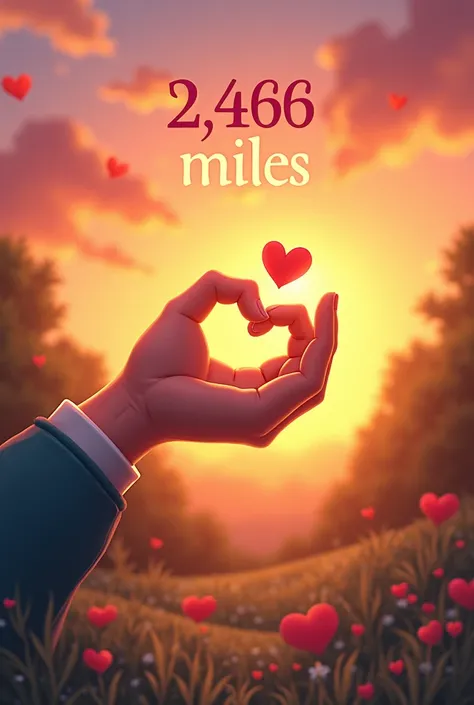 A cute background of a hand making a 
love image with sun rising with 2,466 miles written visibly on top 