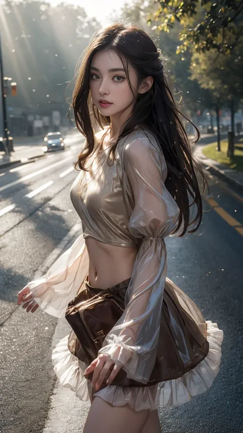 8k, masterpiece, 1 girl, beautiful face, very long hair, light makeup, (glossy skin), detailed eyes, detailed lips, small bust, fantasy clothing, blowing wind, ((brown clothing)), ((long petticoat)), ((navel)), light clothing, ((fog)), ((at the road)), ((w...