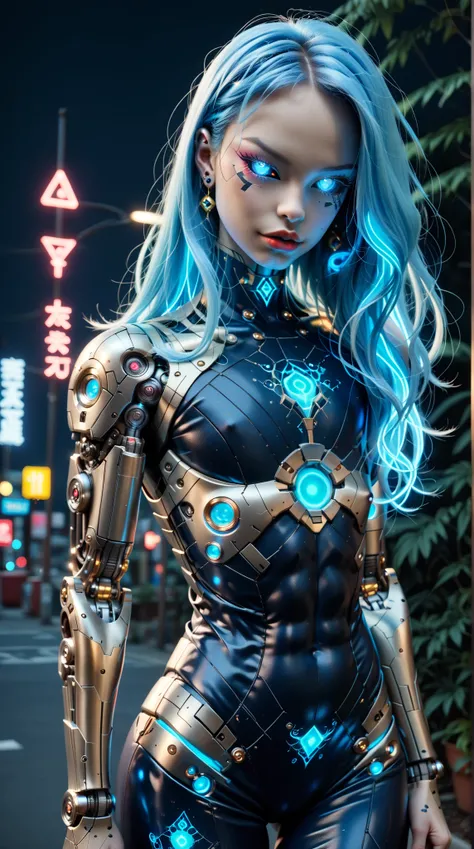 score_9, score_8_up, score_7_up, (Three quarters Shot), (1 girl), (asian), beautiful teenage (skinny) muscular goth cyborg girl, (full Cybernetic bodysuit:1.5), (black sclera:1.5), (blue glowing eyes:1.5), (blue glowing body veins:1.5), (flat chest:1.25), ...