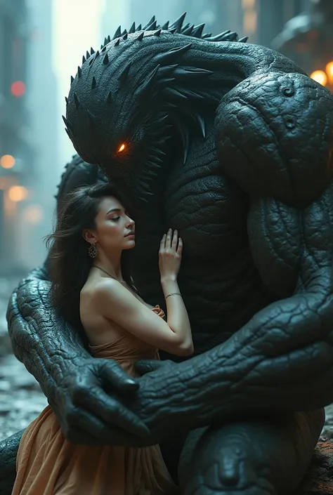 Woman,extremely sexy,glowing eyes,with Big Dangerous science fiction monster,they are in love